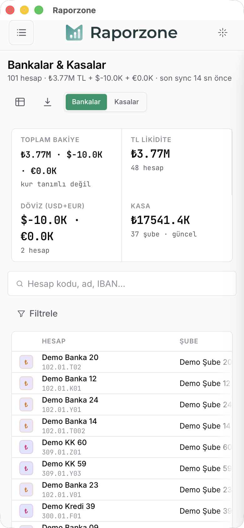 Telefonda Bankalar listesi — KPI'lar 2×2, HESAP / ŞUBE sütunları