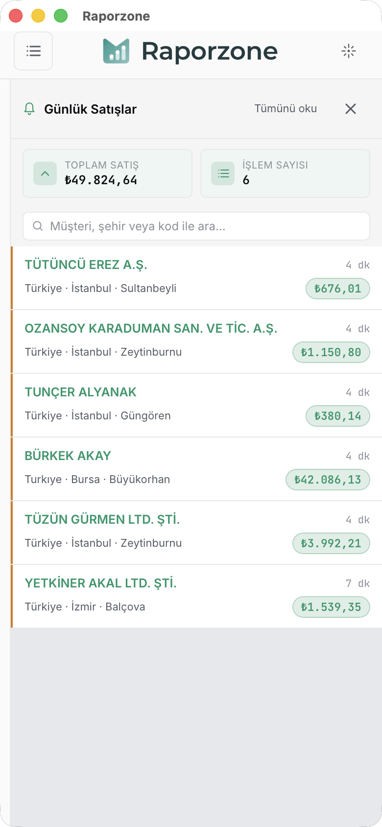 Telefonda bildirim paneli — tam genişlikte satış listesi