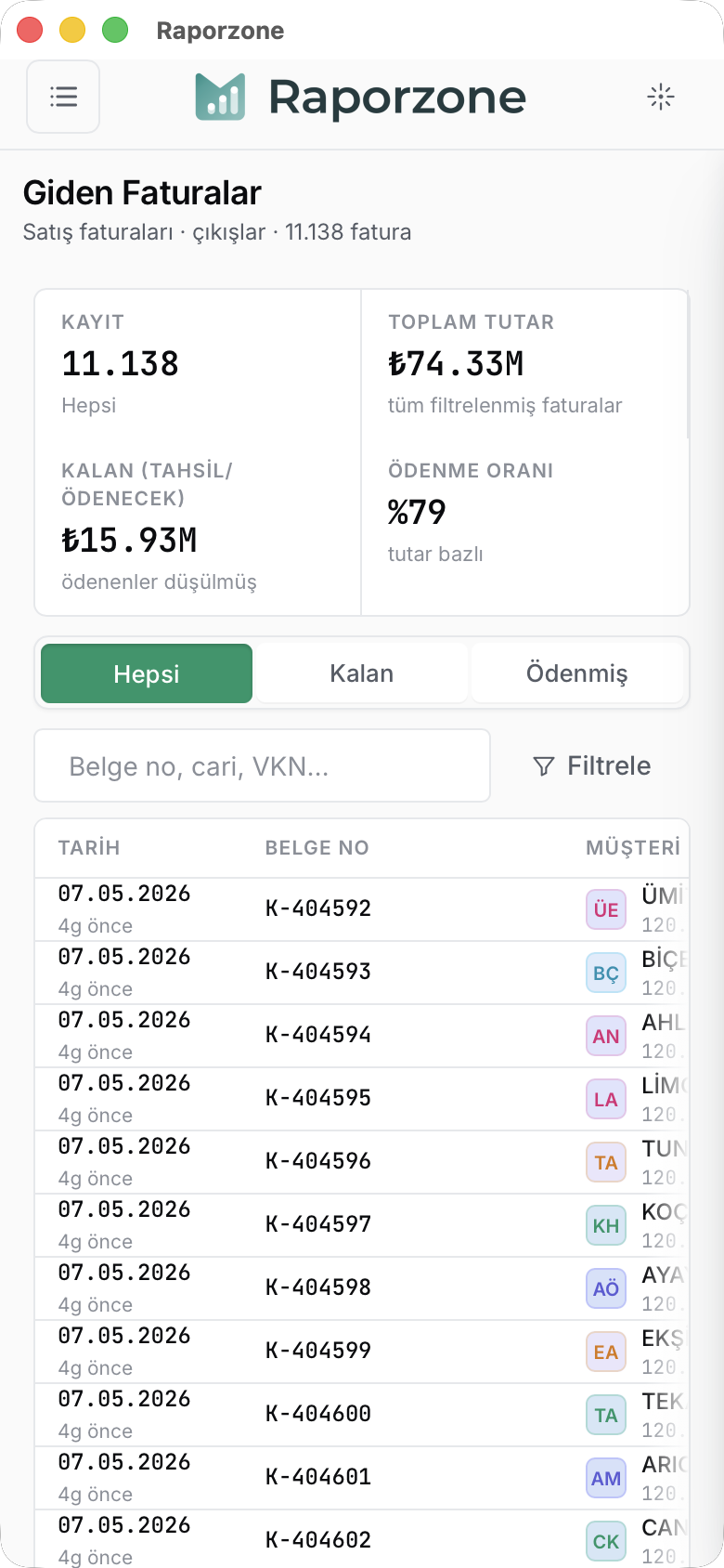 Telefonda Giden Faturalar — KPI'lar 2×2, TARIH/BELGE NO/MÜŞTERİ sütunları