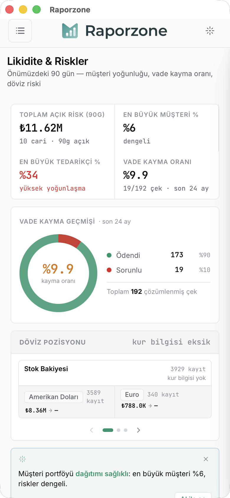 Telefonda Likidite & Riskler — KPI'lar 2×2, halka grafik ve Döviz Pozisyonu üst üste yığılır