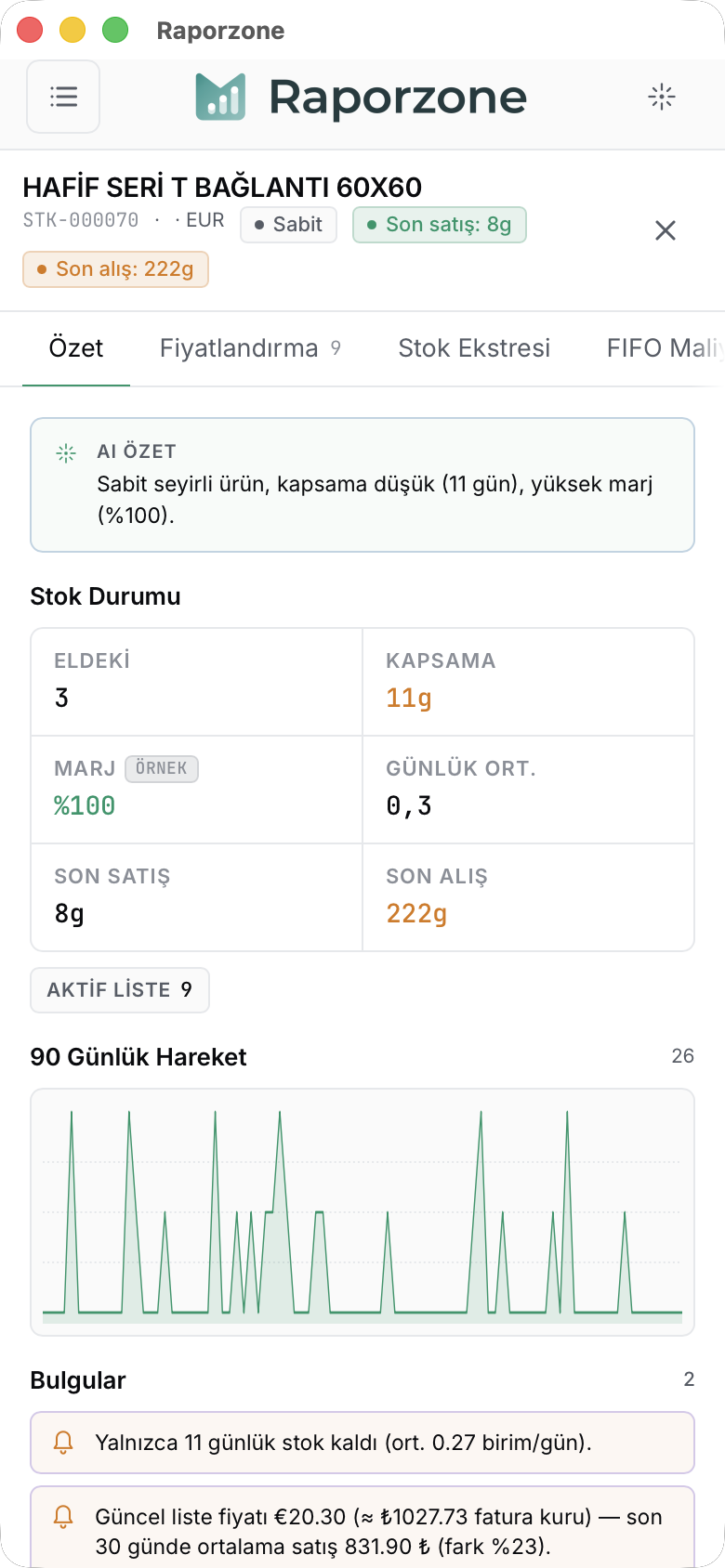 Telefonda stok detay paneli — sekmeler yatay kayar, içerik tam ekran sayfa olarak açılır